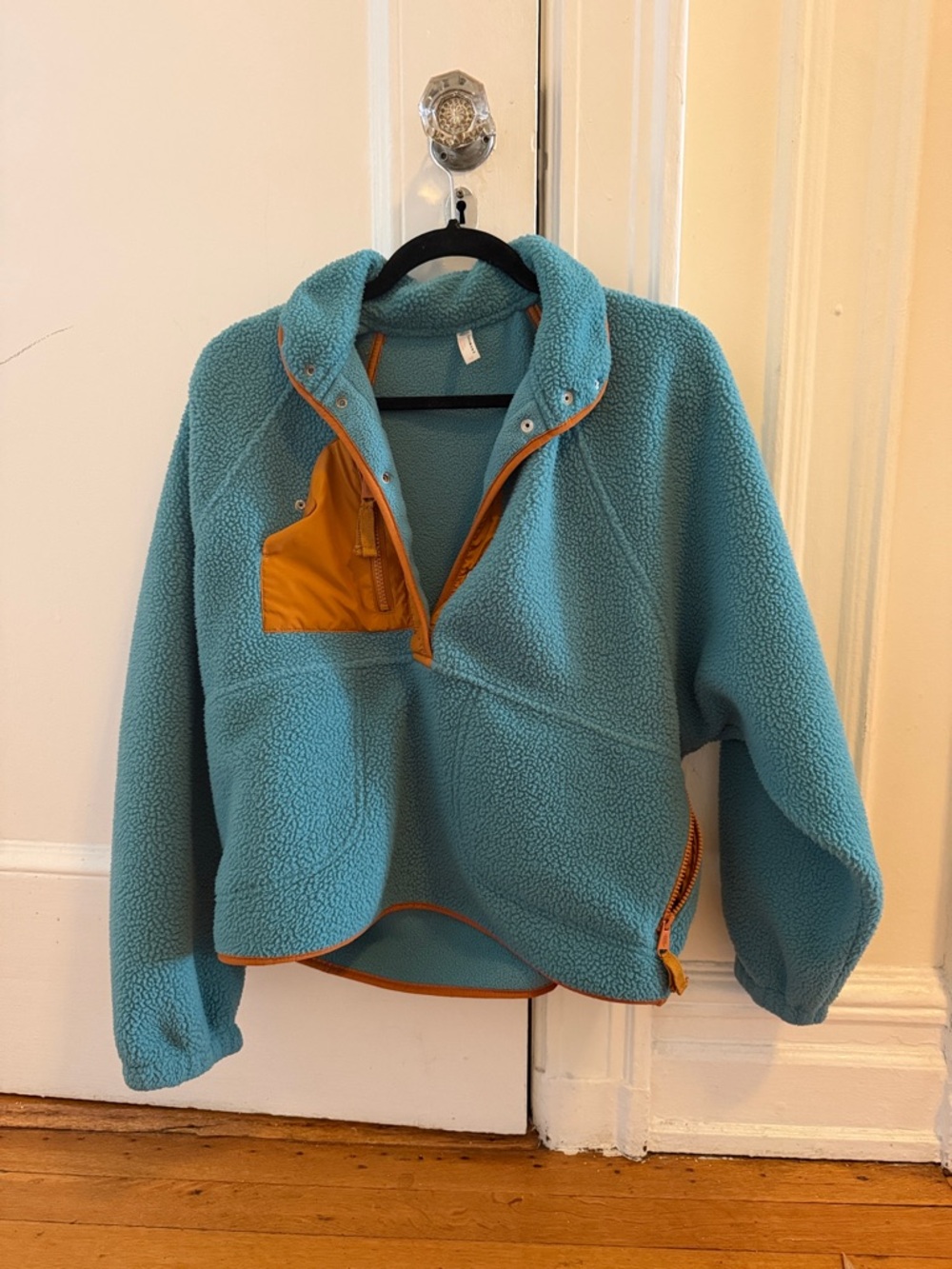 Free People Teal Sherpa Pullover with Orange Trim